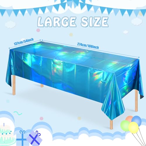 Image of 3 Pack Blue Plastic Tablecloth, Disposable Rectangle Table Covers, Holographic Metallic Foil Tablecloth Light Blue Party Supplies Decorations for Birthday Graduation Ocean Under the Sea, 54x108Inch