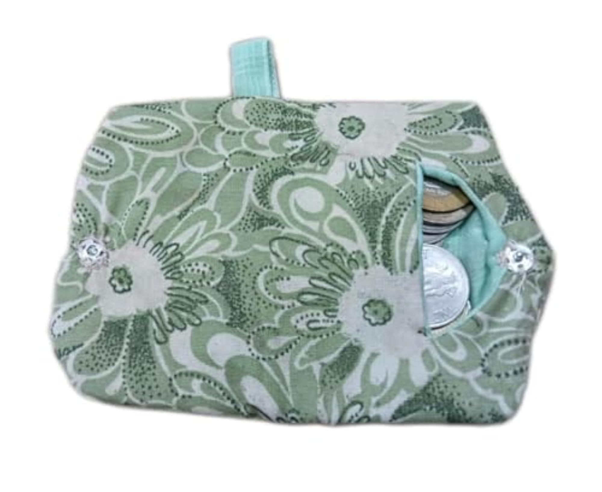 Floral Pattern Coin Purse, Green and White Small Pouch