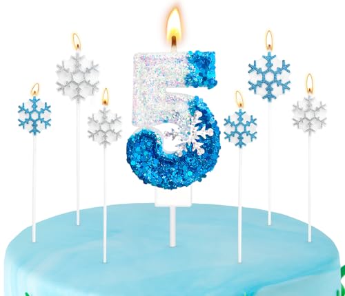 Snowflake Birthday Candles, Glitter Snowflake Number Birthday Candle for Party Supplies, Snowflake Winter Birthday Party Decorations, Cake Topper Decoration (Blue and Silver 7 Pcs, Number 5)