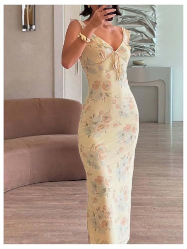 Milumia Women's Floral Tie Front Ruffle Trim Long Dress Summer V Neck Sleeveless Bodycon Maxi Dresses4