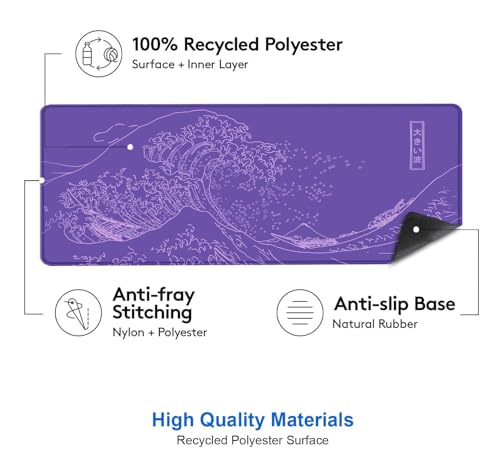 Image of IMAYONDIA Great Wave Large Gaming Mouse Pad, Purple Minimalist Japanese Desk Mat, Gamer Aesthetic Extended Mousepad Cute, Non-Slip Rubber Base Lilac Desk Pad for Office- 31.5 X 11.8 Inch