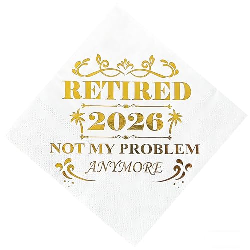 Retired 2026 Cocktail Napkins 50 Pack 3-Ply Retirement Party Decorations Supplies Gold Foil Disposable Napkins for Farewell Coworker Goodbye & Going Away Celebration (5x5)