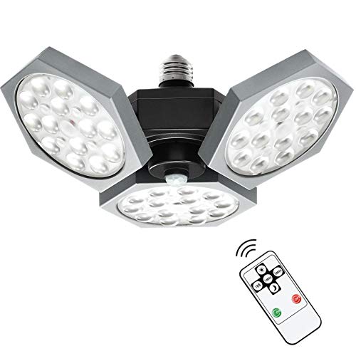 Led Garage Lights with Remote, 7000 Lumens Motion Activated Deformable Led Garage Lights, 60w 6500k Led Three Leaf Garage Ceiling Light Adjustable for Garage, Warehouse, Basement, Barn