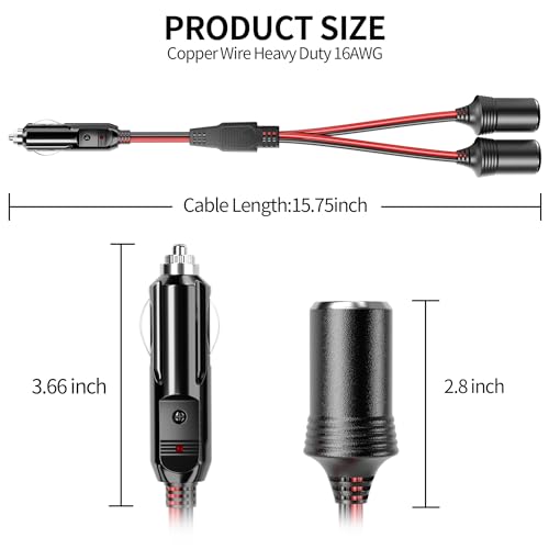 Image of Energeaster 12V /24V Car Cigarette Lighter Splitter 1 to 2 Socket Plug Adapter, 16AWG 16Inch Extension Cord with Fuse & LED Power Indicator, Fast Charging Vehicle Power Charger for Cars Trucks SUVs