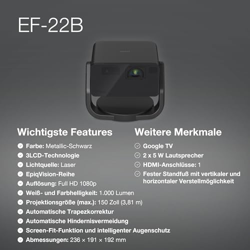 Epson EpiqVision EF-22B tragbarer Mini-Laserprojektor, Full-HD 1.080, 3LCD, 1.000 Lumen, bis zu 150-Zoll-Projektionsfl&auml;che, Bluetooth-Lautsprecher, Chromecast, Google TV, Standfu&szlig;, schwarz