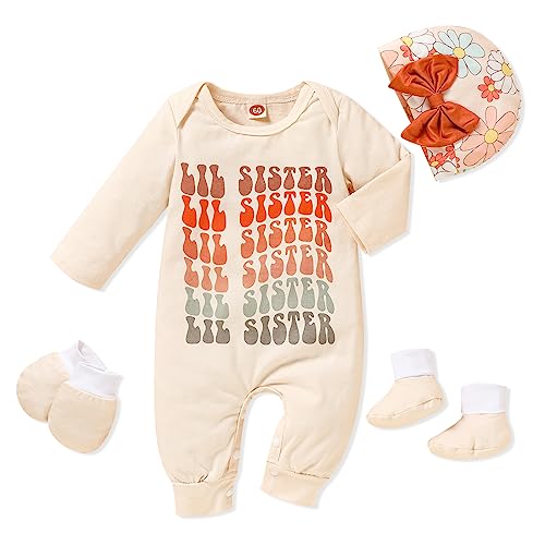 Image of Sinhoon Newborn Baby Girl Romper Infant Letter Print Bodysuit Jumpsuit+Hat+Gloves+Socks 4Pcs Coming Home Clothes Outfit