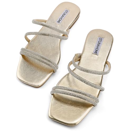 Image of STUNAHOME Women's Rhinestone Thong Flat Sandals Open Toe Slide Sandals with Square Toe Bling Strap
