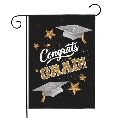 Dacawin Congrats Grad Garden Flag Graduation Yard Flags Class of 2025 College Graduations Double Sided Graduational Cap Stars Black Gold House Banner for Lawn Porch Patio Yard Party Decor 12 x18 Inch