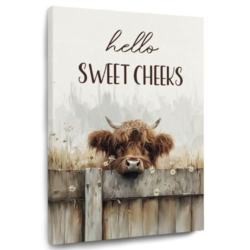 TAZSWDMM Hello Sweet Cheeks Highland Cow Bathroom Framed Canvas Wall Art Posters Farmhouse Daisy Flower Highland Cow Wall Art Prints for Bathroom Washroom Toilet Restroom Decor 11x14 Inch