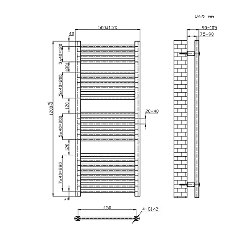 EMKE Anthracite Towel Rail for Bathrooms 1200 x 500mm, Modern Straight Heated Radiator, Versatile Wall/Floor Mounted