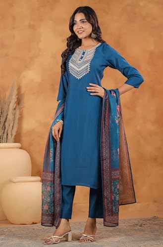 Image of Janasya Women's Silk Blend Yoke Embroidered Straight Kurta Set