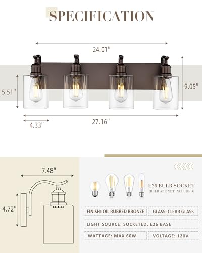 Image of 4 Light Bathroom Vanity Light, Morden Bathroom Vanity Lights Over Mirror Oil Rubbed Bronze Wall Sconce Light with Clear Glass Shade ZCVL01ORB-4