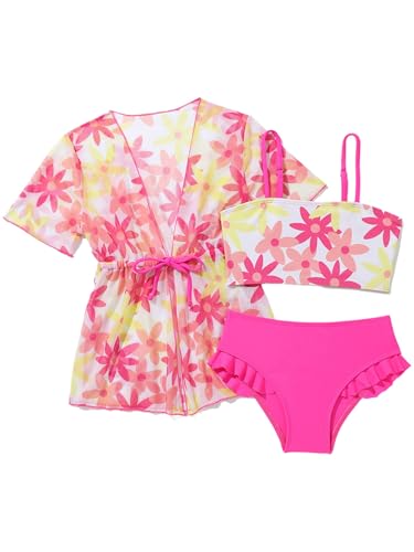 Big Girls 3 Pieces Bathing Suits Floral Short Sleeve Kimono Top Bikini Bra Top with Brief