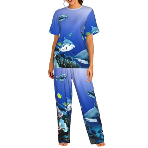 Pyjama requin femme contre insomnie ensemble manches courtes coton doux