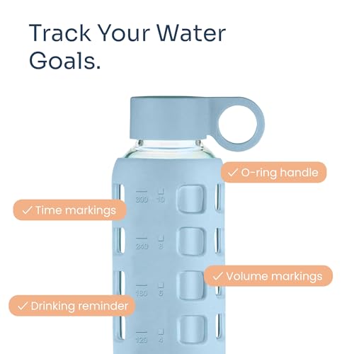 purifyou 40oz / 32oz / 22oz / 12oz Borosilicate Glass Water Bottle with Time & Volume Markers, Silicone Sleeve, Stainless Steel Lid | Reusable Glass Bottle for Water & Juice (12oz Ice Blue)