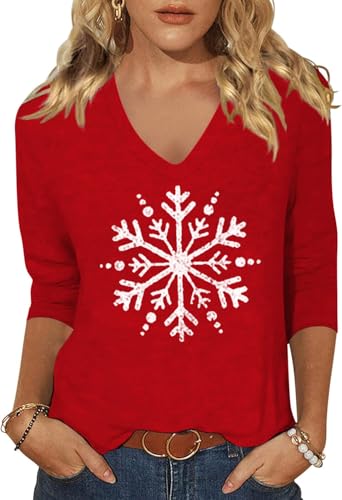 Women's Christmas Snowflake V Neck Shirt Winter Funny Xmas Graphic 3/4 Sleeve Tee Holiday Family Party Matching Tops Blouse(L,B-Red)