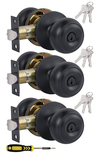 Lanwandeng (3 Pack) Entry Door Knobs with Lock and Keyed Alike, Interior/Exterior Flat Ball Door Locks for Bedroom/Bathroom/Front/Offic Doors, Matte Black Finish