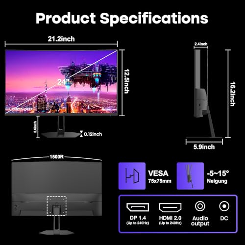 Image of Amzfast 24 inch Curved Gaming Monitor, 240Hz 1ms 1080P, Adaptive Sync, 124% sRGB, 3000:1, HDR, 1500R, HDMI 2.0 & DP 1.4, Ultra-Slim Base - Keyboard Slides Underneath, Desk Space Saved - AMZG24C1 Pro