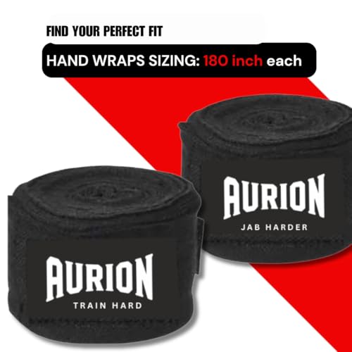 Image of Aurion 4.5 Meter Boxing Hand Wraps (180 Inch) | Professional Elastic Polyester-Cotton Handwrap for Boxing, MMA, Muay Thai & Heavy Bag | Durable Wrist & Knuckle Protection | Black (Pair)