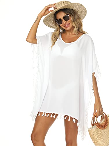 Adreamly Women's Stylish Chiffon Tassel Kaftan Swimsuit Beachwear Cover Up White One Size