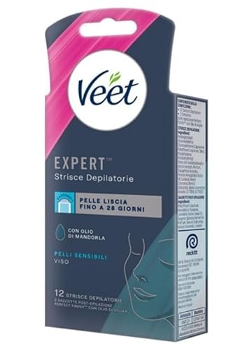 Veet Expert Strisce Depilatorie Viso, Ceretta per Pelli Sensibili con Olio di Mandorla, Dermatologicamente Testate, 12 Strisce (6x2 Strisce) + 2 Salviette Post-Epilazione con Olio D'Argan