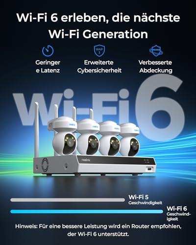 Reolink 4K Wi-Fi 6 PT Überwachungskamera Set, 4stk WLAN-Kameras Outdoor mit 355° Pan & 50° Tilt, Bewegungsverfolgung, Smart-Erkennung, Farbnachtsicht, 12-Kanal Wi-Fi NVR mit 2TB HDD (RLK12-800WPT4)
