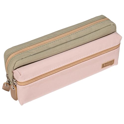 Image of Large Pencil Case, Pencil Pouch with Zipper Compartments, Aesthetic Pencil Case for Adults, Stationery Pouch Pen Case for Office (Green&Pink)