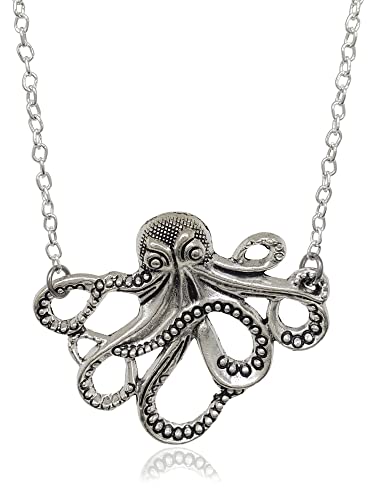 EnCharmed Large Octopus Silver Tone Necklace, Handmade Ocean Steampunk Charm Jewelry