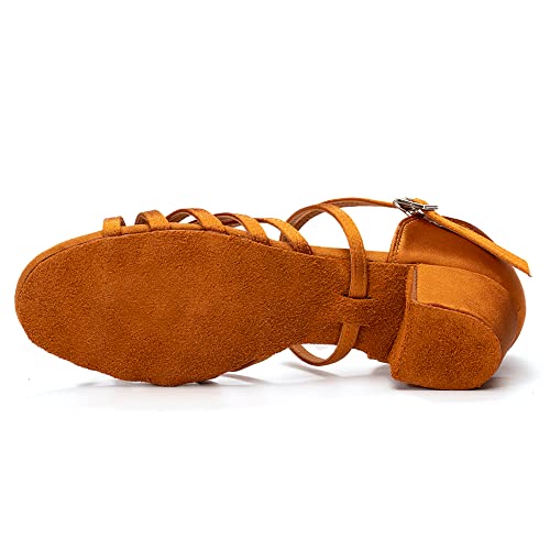 Juodvmp Girl's Latin Dance Shoes Tan Satin Low Heel 1.1" Ballroom Salsa Dance Practice Performance Shoes,Model 202, 2.5 M Us Little Kid #TOP1