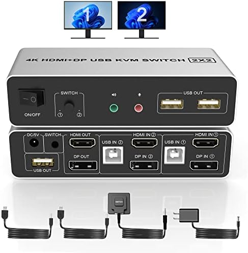 DisplayPort + HDMI KVM Switch Dual Monitors for 2 Computers 4K@60Hz 2 in 2 Out Displayport and HDMI KVM Switch with Audio Microphone Output and 3 USB Ports, PC Monitor Keyboard Mouse Switcher