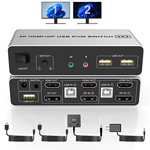 Displayport + Hdmi Kvm Switch Dual Monitors For 2 Computers 4K@60Hz 2 In 2 Out Displayport And Hdmi Kvm Switch With Audio Microphone Output And 3 Usb Ports, Pc Monitor Keyboard Mouse Switcher #TOP19