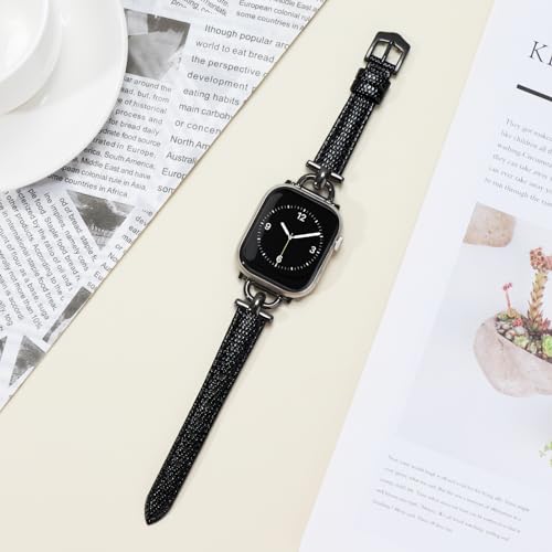 Image of Leather Band Compatible with Apple Watch Bands for Women, Dressy Fancy Strap for iWatch Series 11 /10 /9 /8 /7 /6 /5 /4 /3 /2 /1 /se /Ultra /Ultra 2(49mm 46mm 45mm 44mm 42mm,Lizard Black /Black)