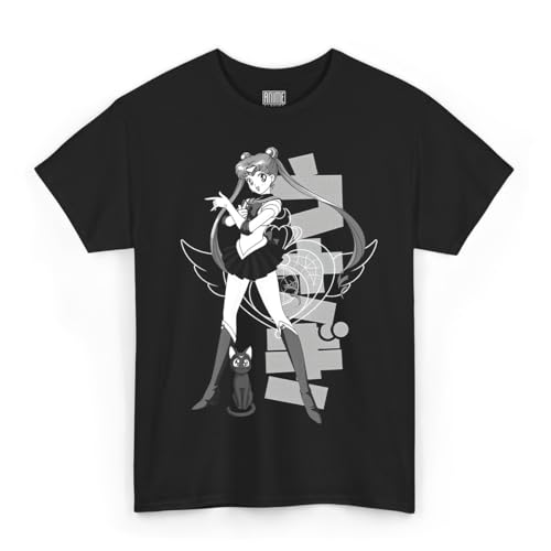 Sailor Moon – Sailor Moon e Luna, camiseta negra, manga corta, unisex adultos, 100% algodón, idea regalo Anime Manga, Negro , S