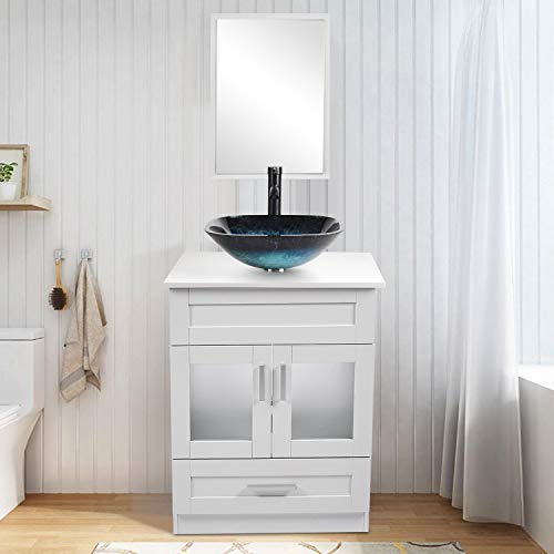 Puluomis White Bathroom Vanity Cabinet With Square Glass White Bathroom Vanity Cabinet With Square Glass Top Vessel Sink Mirror 1.5 Gpm Faucet And Drain Mordern Stand Bathroom Counter Basin #TOP6