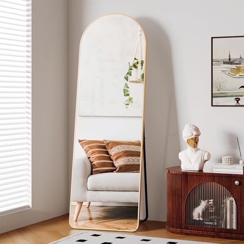 Clevich Grand Miroir sur Pied, 162 x 50 cm, avec Cadre en Aluminium, Support en métal, Miroir Mural Arche HD avec Crochet, pour Salon, Chambre, Dressing, Salle de Bain, Couloir,Doré