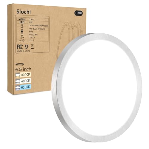 1PACK LED Flush Mount Ceiling Light Fixture, 3000K-4000K-6500K & 100W Equivalent Modern Kitchen Recessed Ceiling Lamp 12W 1200Lm 6.5 Inch Closet Round Surface for Bathroom Laundry-Brushed Nickel