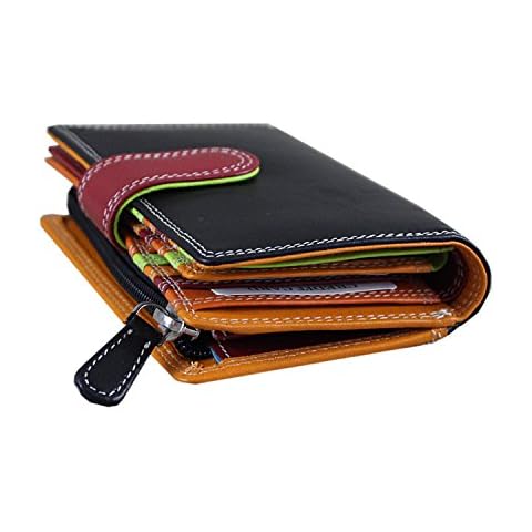 Rallegra Ladies Black Leather Purse, RFID Blocking, Holds 13 Cards, 3 Storage Pockets, Zip Coin Pocket, Multicoloured Interior Cover