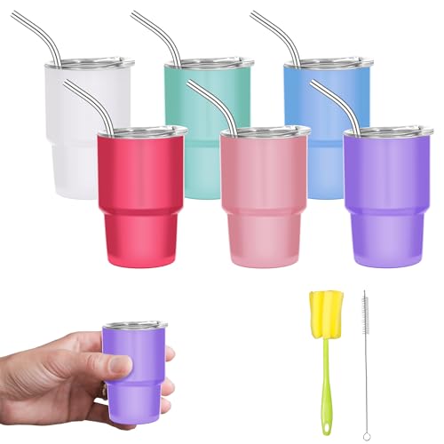 Tosatgugu 3oz Small Tumbler Shot Glass with Lid and Straw, Mini Tumbler Shot Glass, Stainless Steel Small Cute Cups with Lid and Straw for Wedding Party - 6 Pack
