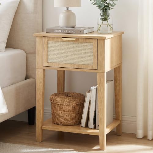 FurniXpress Small Nightstand, 15" Wide, Drawer and Shelf, Natural Oak Woven | Light oak tone, grass-woven front, 11.8-inch slim depth, smart storage, adds soft texture for small spaces
