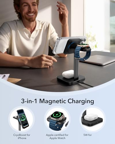 ESR 3 in 1 MagSafe Charger Stand with CryoBoost, Wireless Charging Stand | 15W Phone Cooling Magsafe Stand, for iPhone 18 Pro/Duo/17-12, AirPods, Apple Watch, Fast Charging Dock, 30W Adapter, Black — view 5