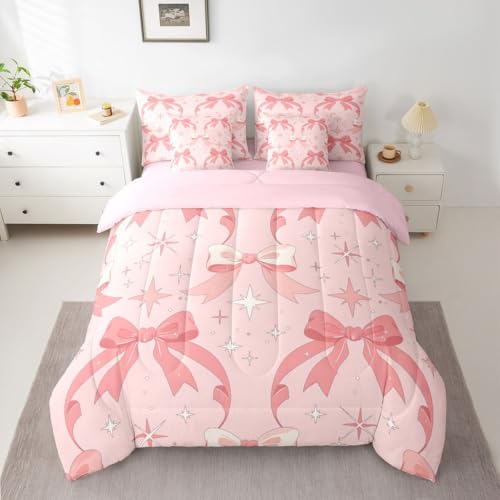 Image of Kawaii Bow Full Size Bed Sheets and Comforter Set | Princess Bow 7 Piece Bedding Set Dreamy Ribbon Bowknot Bed in a Bag, Stars Watercolor Room Decor,Pink Bow Decor