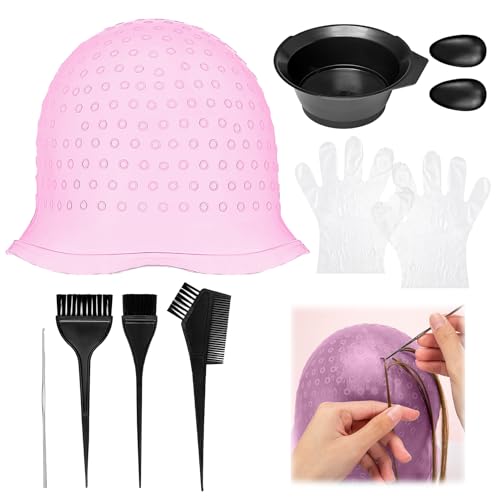 Hair Highlight Cap Kit, 1 Reusable Silicone Highlighting Cap, 1 Highlighting Kit with Brush and 2 Gloves, Easy to Use, Hair Dye Cap for DIY Highlights at Home or Salon (2)