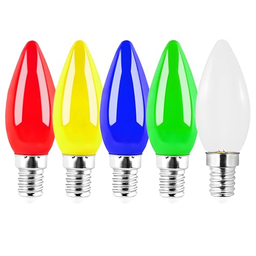 Jiotouhu LED E14 1W bombillas de colored, para AC220-240v, iluminación Decorativa para Halloween, Navidad, Festival, No regulable, Rojo Amarillo Azul Verde Blanco cálido, paquete de 5