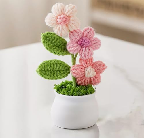 Image of VRB Dec Plastic TM 1 Pcs Crochet Flowers Artificial Daisy for Office Desk Car Dashboard Decor,Home Decoration, Office, Bedroom, Christmas Decor, Wedding,Diwali. (Triple Pink Daisy with Pot)