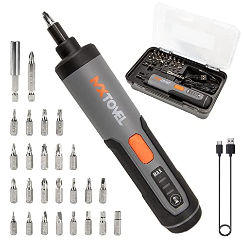 MXTOVEL 4V Electric Screwdriver Kit Cordless Power Screwdriver Rechargeable Adjustable Torque with LED Light & 26 pcs 1 4 Bits & Screw Adapter, Storage box, Type C Cable