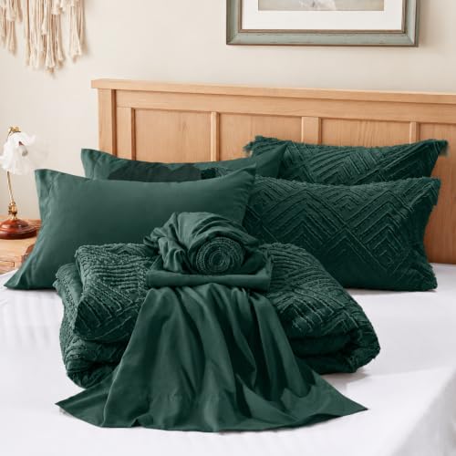 Image of Zzlpp Full Comforter Set 7 Pieces, Dark Green Tufted Bed in a Bag with Comforter and Sheets, All Season Boho Bedding Sets with Comforter, 2 Pillow Shams, 2 Pillowcases, 1 Flat Sheet, 1 Fitted Sheet