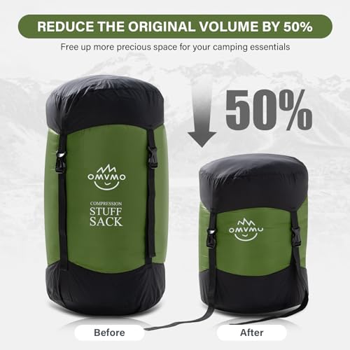 OMVMO Sleeping Bag Stuff Sack, 11L/18L/30L/45L/52L Water-Resistant Compression Sack,Anti-Tear Ultra Light Nylon Storage Bag，Black/Yellow/Orange/Dark Blue/Dark Green/Sky Blue (Dark Green, S/12L) - Thumbnail 3