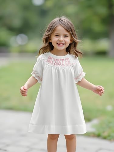 Pudcoco Big Sister Smocked Dress Toddler Little Girls Puff Short Sleeve Letters Embroidery Bishop Dress (Pink, 1-2 Years)