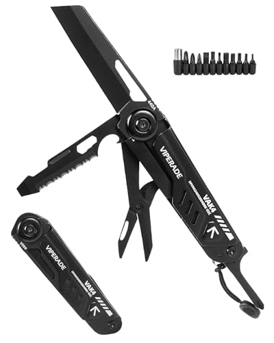 VIPERADE VAK4 EDC Navaja de bolsillo multiherramienta 12 en 1 con 11 puntas de destornillador, diseño de bloqueo de seguridad, tijera con resorte, funda duradera para camping, supervivencia (Negro)