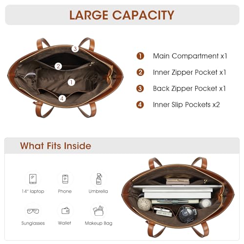 Image of Kattee Vintage Genuine Leather Work Tote for Women | Spacious interior with a zip compartment for organized work, travel, and everyday essentials.